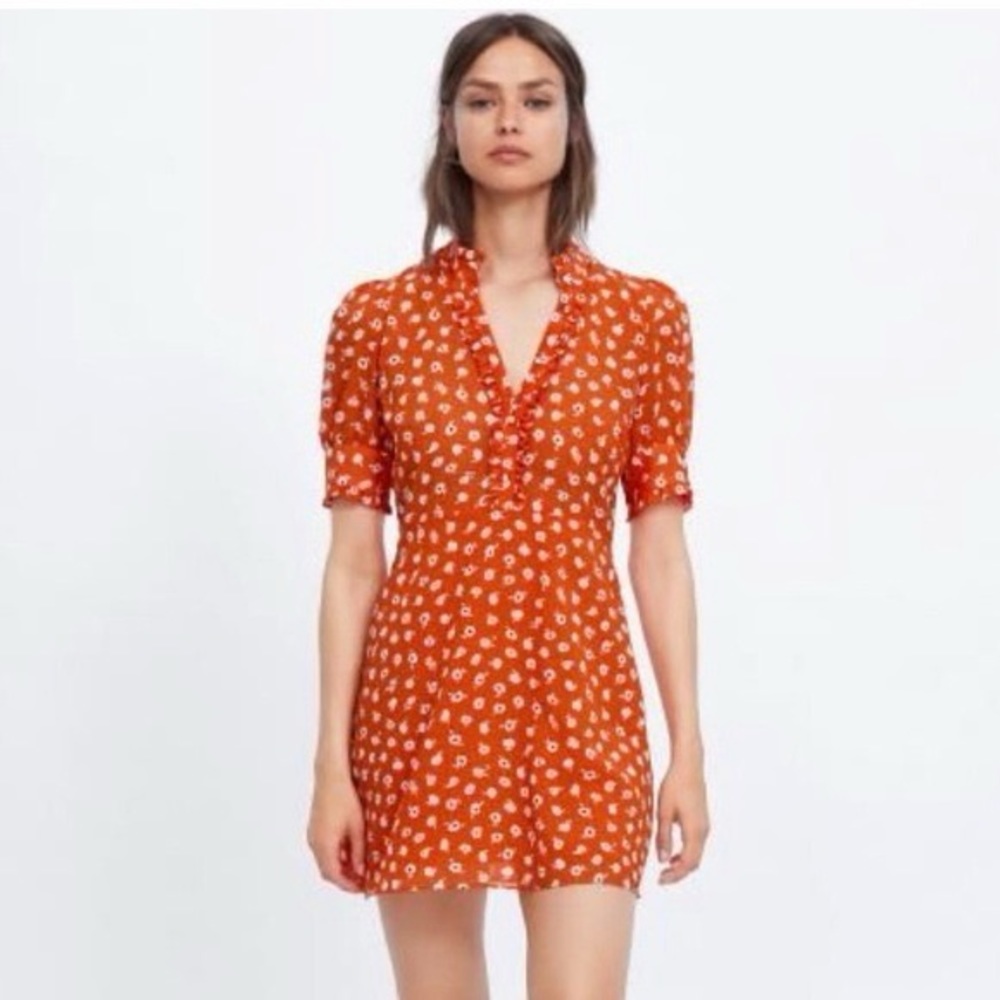 Zara Floral Print Dress With Jewel Buttons Summer Dress Orange Small